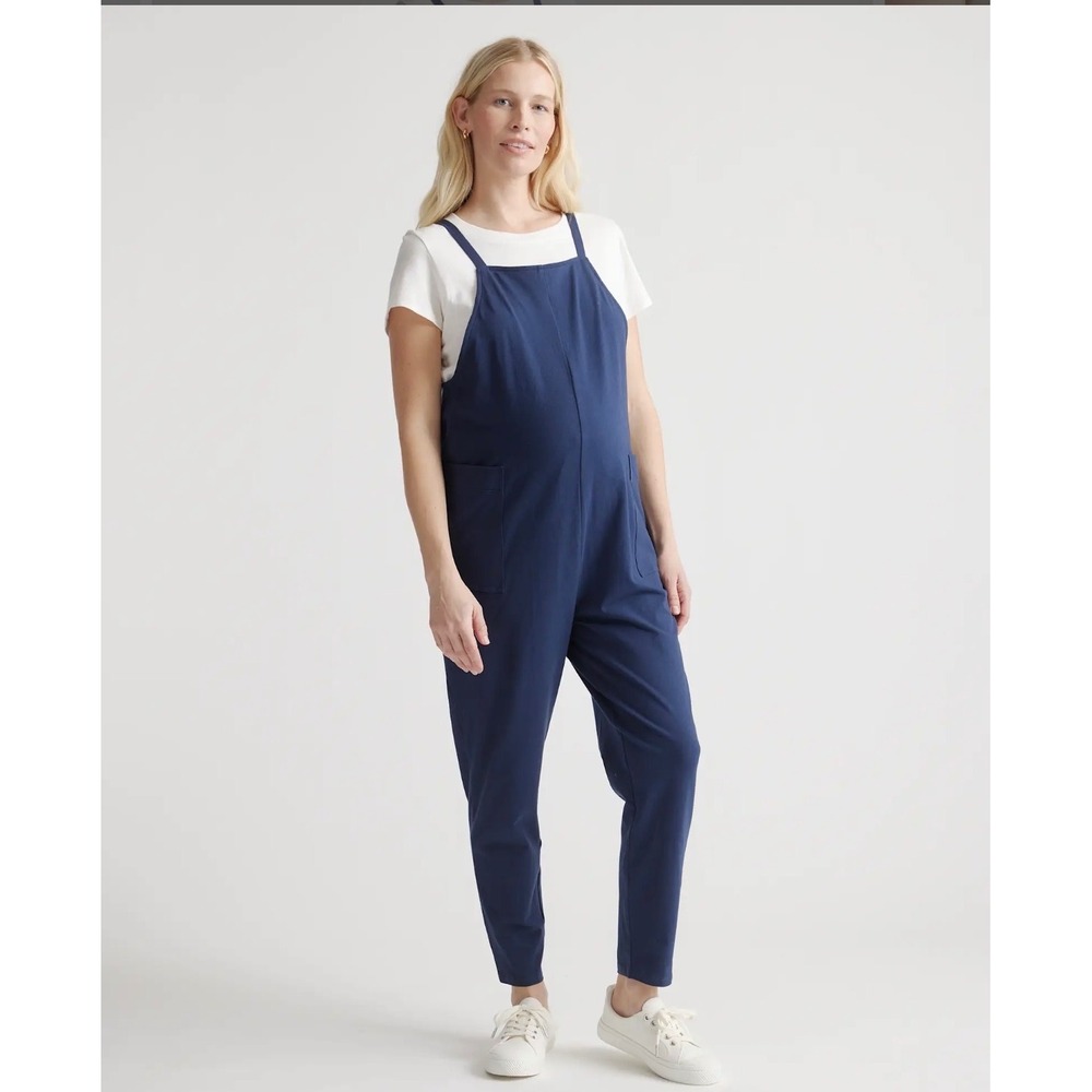 Quince Maternity Jumpsuit Navy Blue Adjustable Straps Pockets Size M